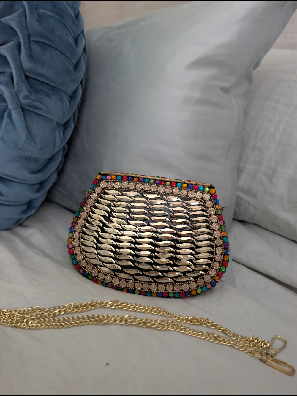 NWT RAMLA Handmade Embellished Metallic Gold Multi Gem Clutch Crossbody
